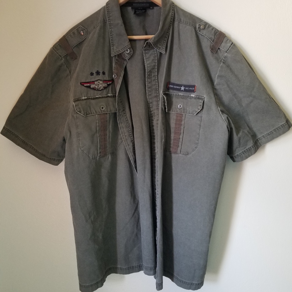 Harley Davidson Gray Embroidered Patched Military Style Button Shirt  Motorcycle - Picture 3 of 7